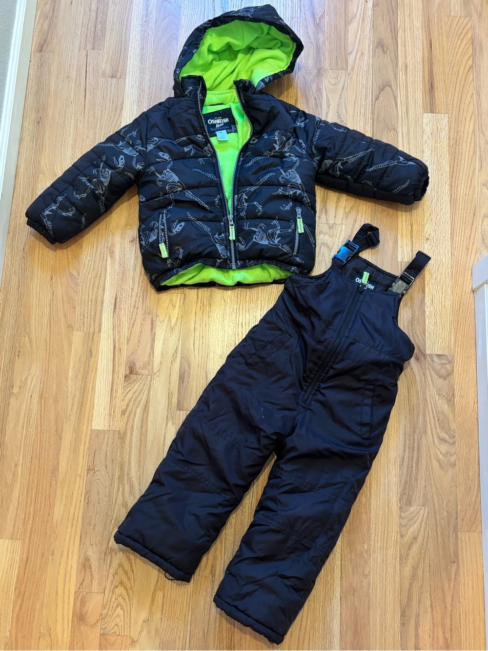 OshKosh B'gosh Black Winter Jacket and Bib Overalls with Lime Lining
